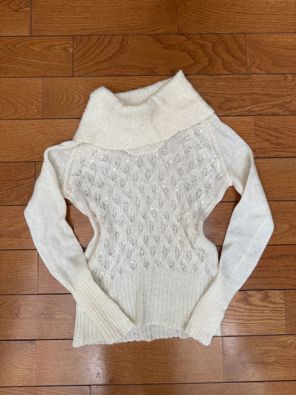 LOFT Ivory Cowlneck Cable Knit Sweater with Sequin Detail